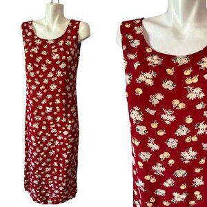 Vtg Y2k Red Peach Fruit Floral Dress Small Rayon Slinky Sleeveless Maxi Womens